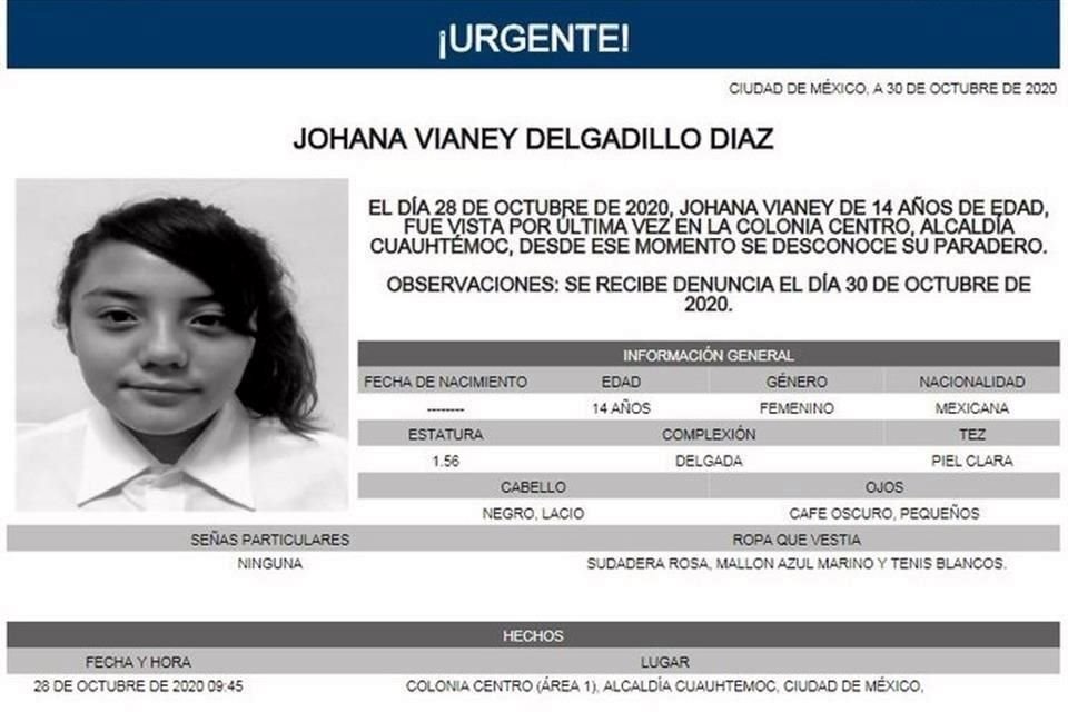 Johana, de 14 años fue vista por última vez en la Zona Centro.