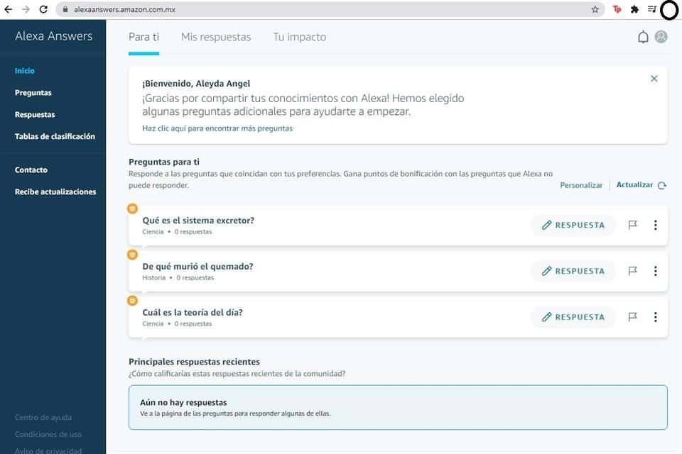 Estas respuestas las escribirá el o la usuaria en la página alexaanswers.amazon.com.mx, donde podrá elegir preguntas que otros y otras han hecho como: ¿qué significa CURP?, ¿de qué murió el quemado?