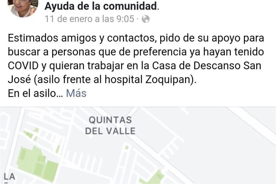 El asilo compartió en Facebook la búsqueda de voluntarios que realizan.