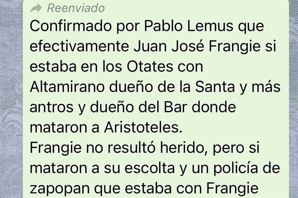 Un mensaje que circuló en WhatsApp ligó a Juan José Frangie con los hechos.