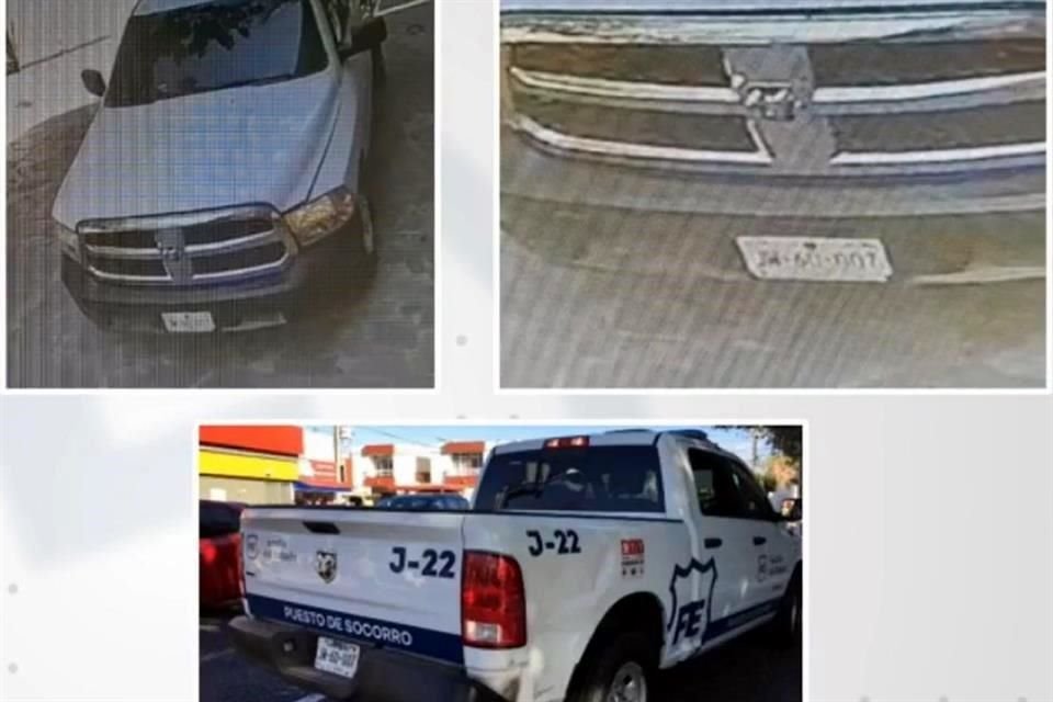 Las dos fotos de arriba corresponden al vehículo del comando; la de abajo es el vehículo oficial de la Fiscalía, con las placas originales.