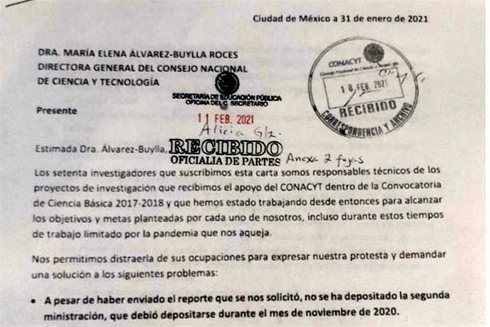 La carta de los investigadores está dirigida a la titular del Conacyt.