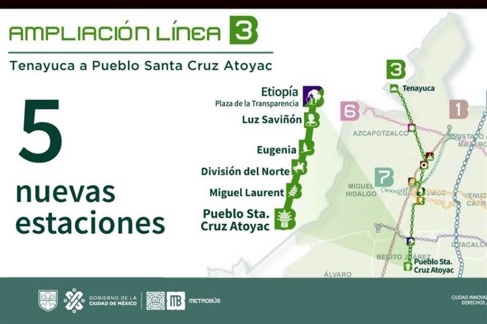 Las nuevas estaciónes son: Etiopía, Luz Saviñón, Eugenia, División del Norte, Miguel Laurent y Pueblo Santa Cruz Atoyac.
