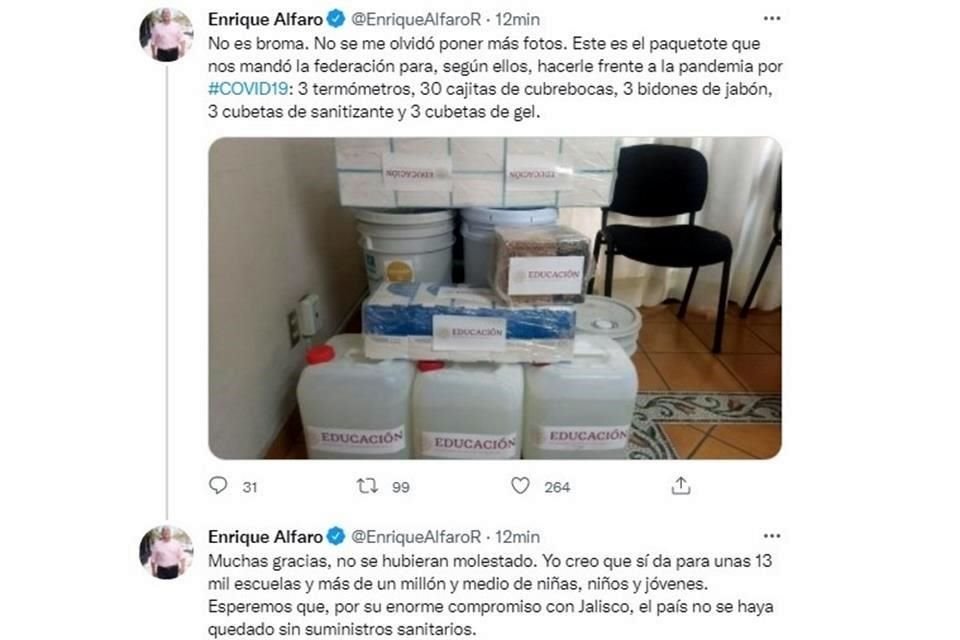 Por medio de su cuenta de Twitter, Alfaro Ramírez publicó la fotografía de los insumos que el Gobierno del Estado recibió por parte de la SEP: