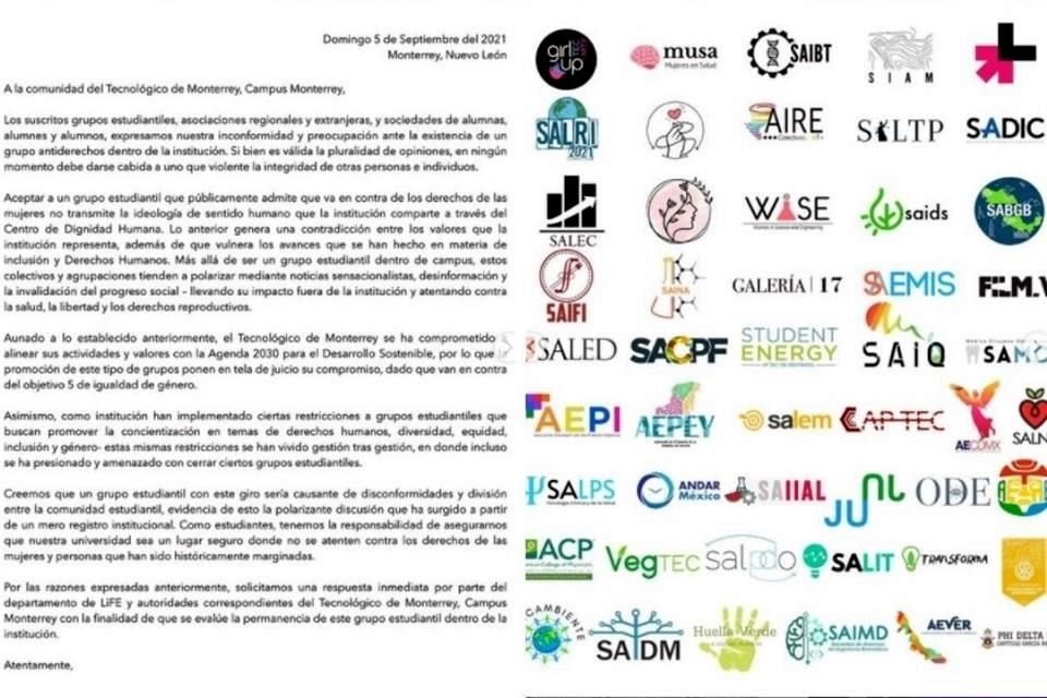 A través de un comunicado, asociaciones estudiantiles del Tec expresaron su inconformidad con el grupo.