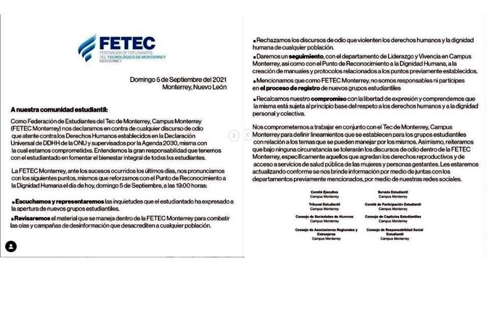 La Federación de Estudiantes de la universidad se comprometió a revisar los lineamientos de grupos estudiantiles con la institución.