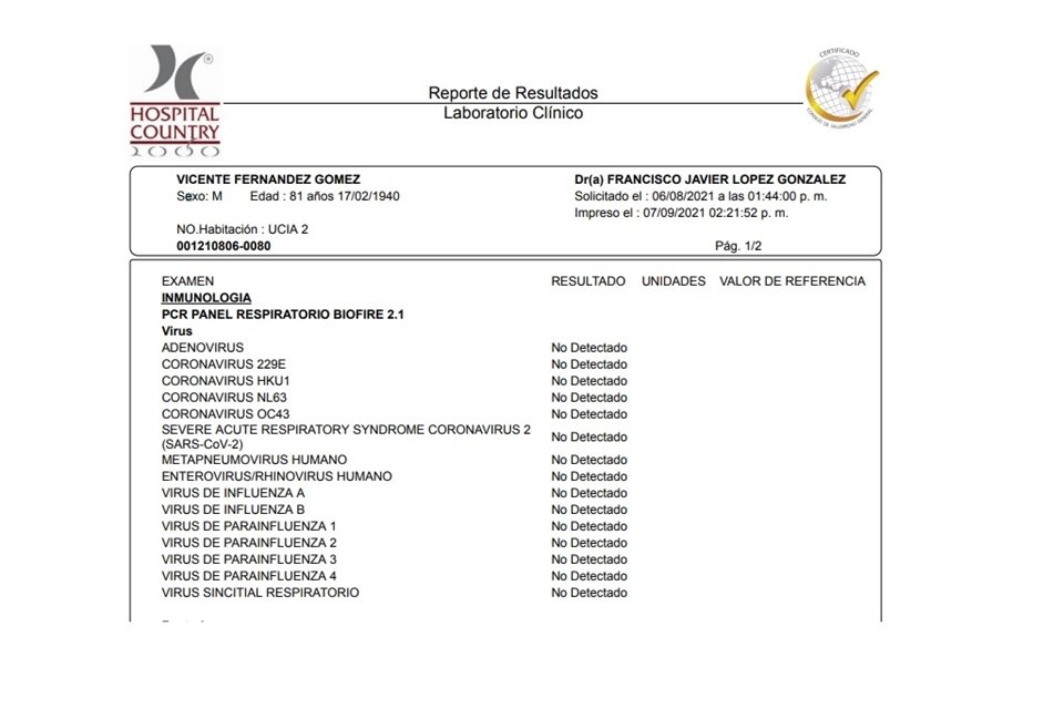 Vicente Fernandez Jr. compartió los resultados de la prueba de Covid-19 que le realizaron a su padre, donde se especifica que dio negativo.