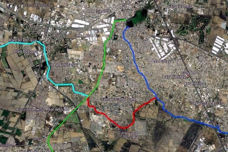 El canal de Las Pintas (verde) corta o mutila el tramo del Arroyo Seco (rojo) hacia La Colorada (azul) y desde entonces el escurrimiento pluvial es interceptado y enviado a la presa de Las Pintas.