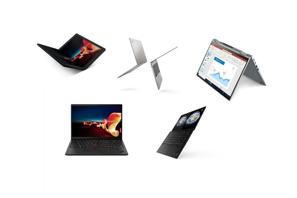 De izquierda a derecha: ThinkPad X1 Fold, ThinkPad X1 Nano, ThinkPad X1 Titanium, ThinkPad X1 Carbon, ThinkPad X1 Yoga.