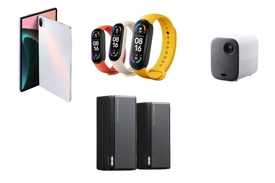 La alineación incluye los productos Xiaomi Pad 5, Mi Smart Band 6 NFC, Mi Smart Projector 2 y Xiaomi Mesh System AX3000.