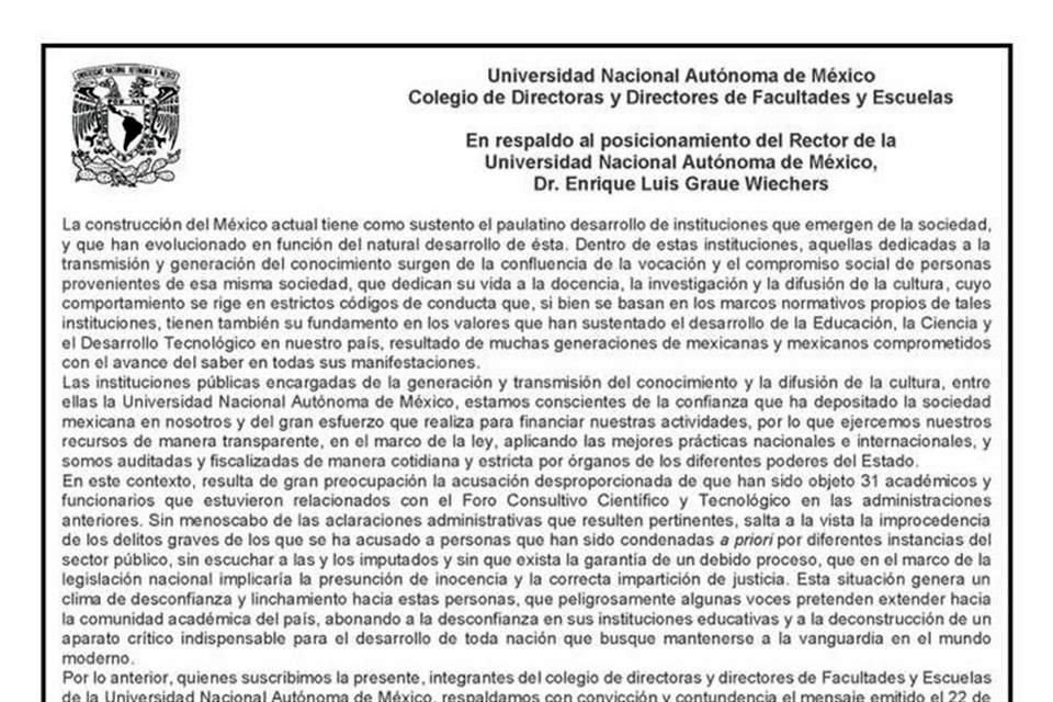 Entre los firmantes se encuentran los directores de las facultades de Medicina, Derecho y Psicología de la UNAM, Raúl Juan Contreras, Germán Enrique Fajardo y María Elena Medina Mora, respectivamente.