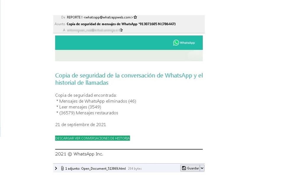 El email hace creer a las potenciales víctimas que se trata de una comunicación oficial de WhatsApp.