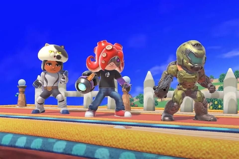 De izquierda a derecha: Judd, Octoling y Doom Slayer participarán en Super Smash Bros. Ultimate como Mii Fighter Costumes.