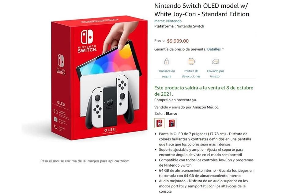 Nintendo Switch OLED ya está disponible en preventa en Amazon México, con un precio de 10 mil pesos y fecha de lanzamiento del 8 de octubre.