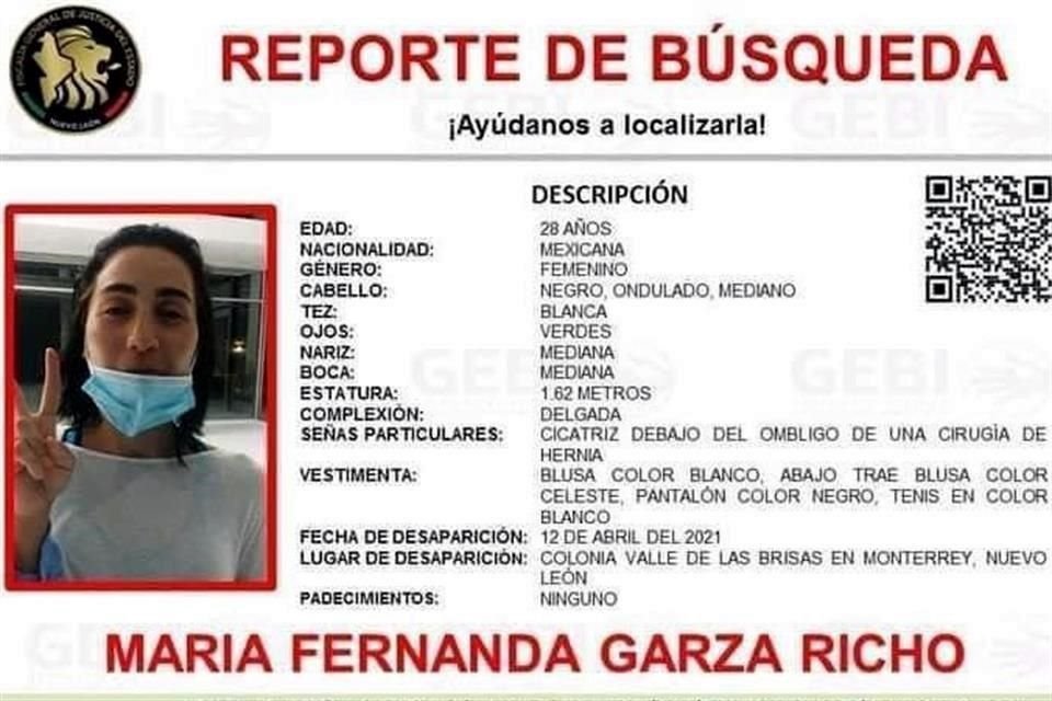 Las autoridades activaron un reporte para localizar a María Fernanda Garza Richo.