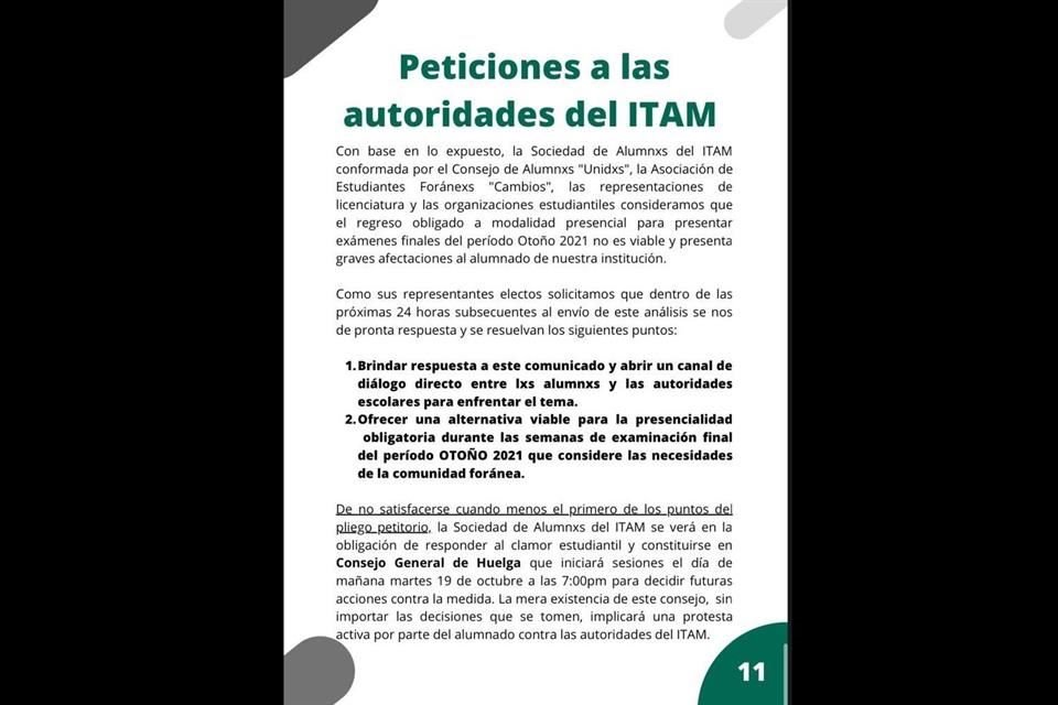 Consejo Unidxs pidió dialogar con el ITAM ante el anuncio de pruebas presenciales; de no recibir respuesta, crearán Consejo General de Huelga.