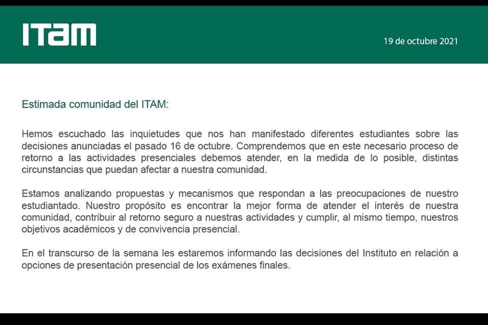 En los próximos días, el ITAM informará las alternativas que ofrecerá a su alumnado para presentar los exámenes finales.