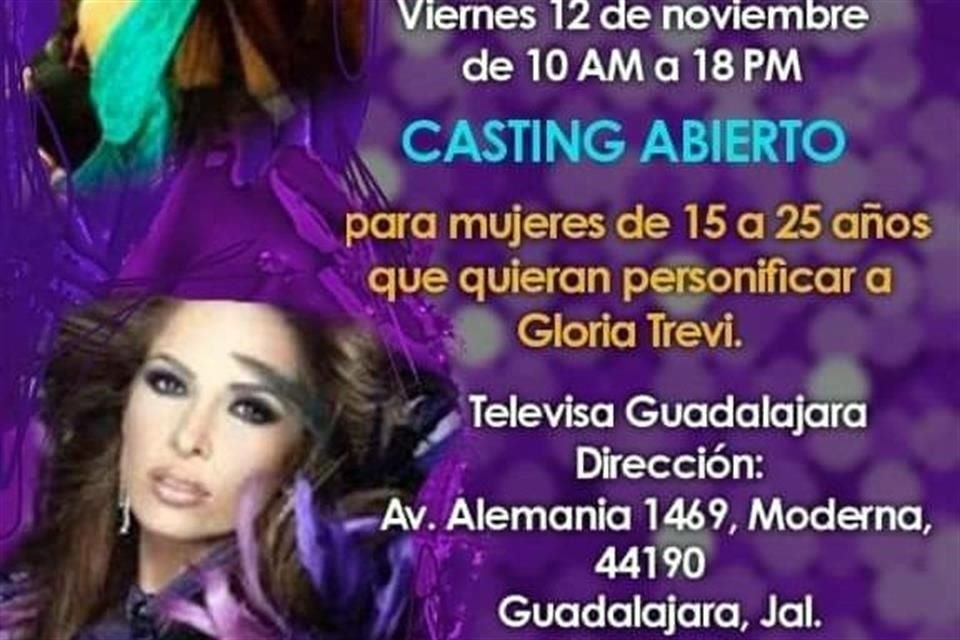 El casting para interpretar a Gloria Trevi en su bioserie, llega a Guadalajara este próximo viernes, y es para mujeres de 15 a 25 años.
