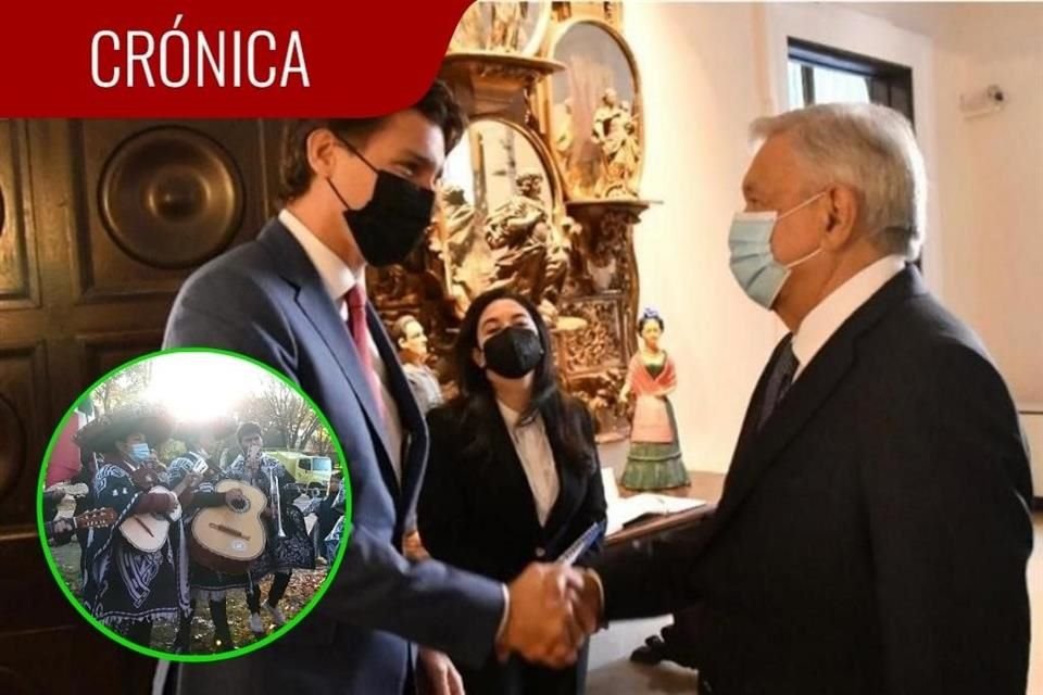 Con música de mariachis al fondo, AMLO y Trudeau posaron para las cámaras, estrecharon la mano y elogiaron la relación bilateral.