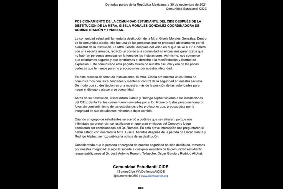 Estudiantes del CIDE lamentaron la destitución de Gisela Morales; se desempeñaba como coordinadora de Administración y Finanzas del centro.