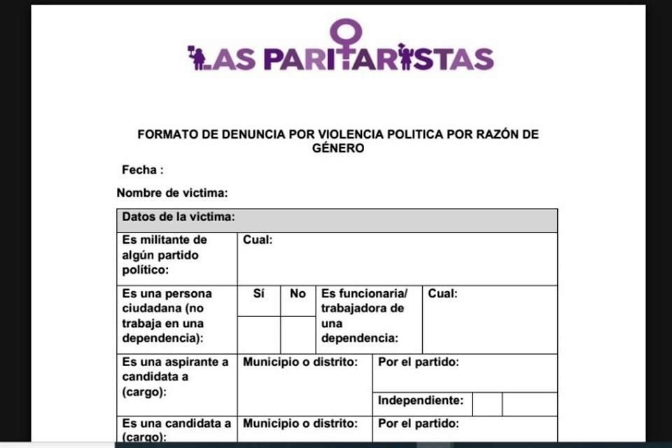 Las Paritaristas dieron a conocer un formato para que cualquier candidata, en caso de algún tipo de violencia y sin representación jurídica, pueda denunciar.