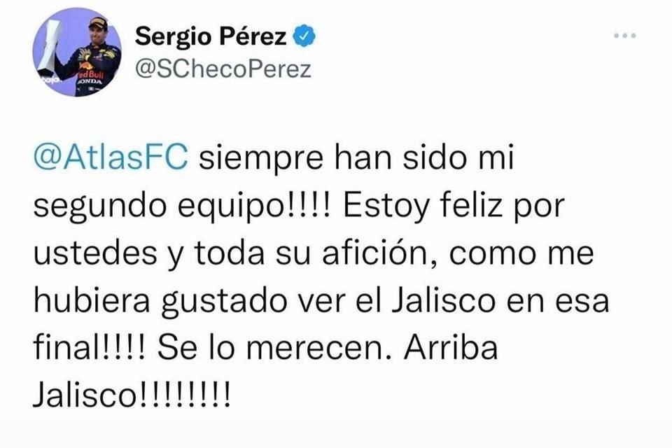 Sergio Pérez alentó al Atlas a ir por la Copa y el equipo tapatío cumplió, por lo que al piloto le salió lo rojinegro.
