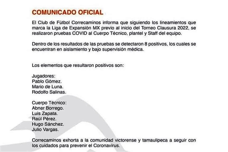 El cuadro tamaulipeco reveló que tiene 8 casos positivos de Covid-19.