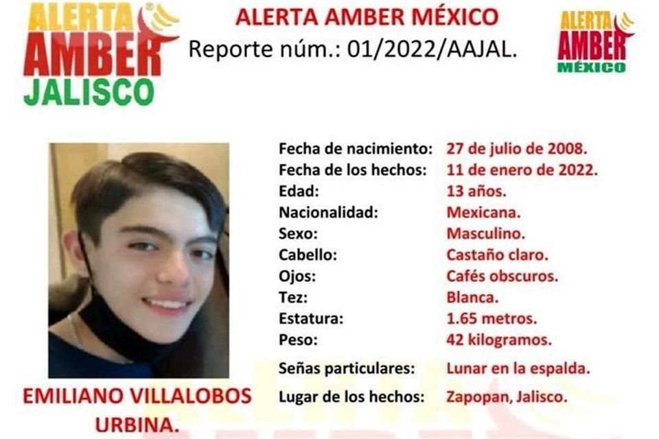 Emiliano Villalobos Urbina, de 13 años, despareció el 11 de enero en Zapopan.