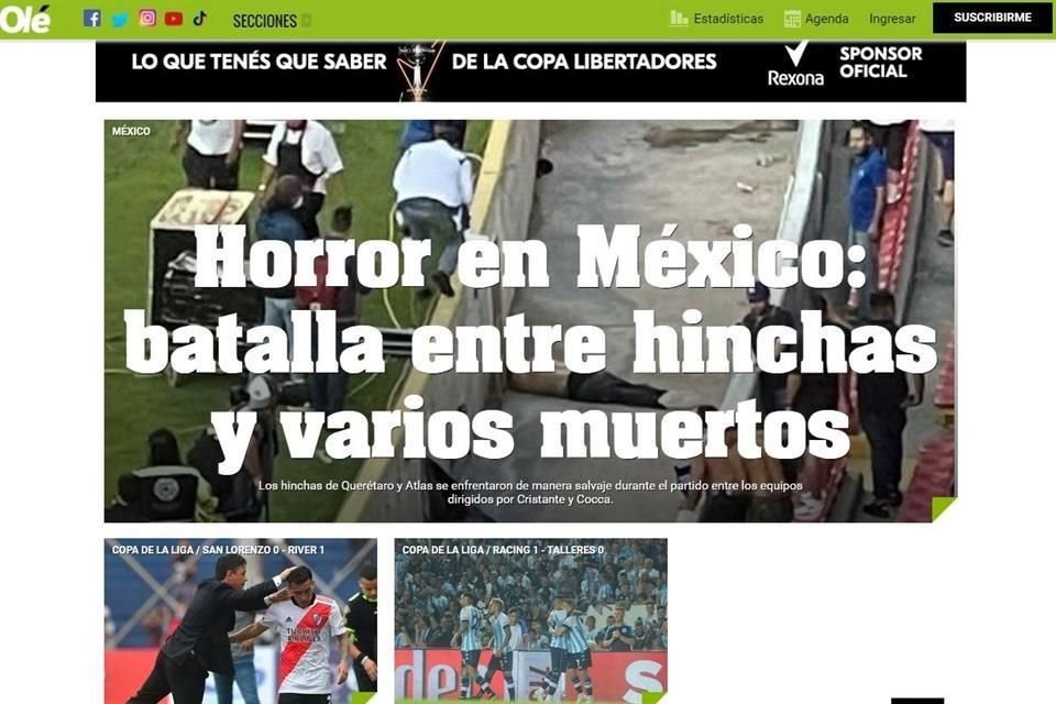 El diario Olé, de Argentina, expuso en su portada la violencia en Querétaro.