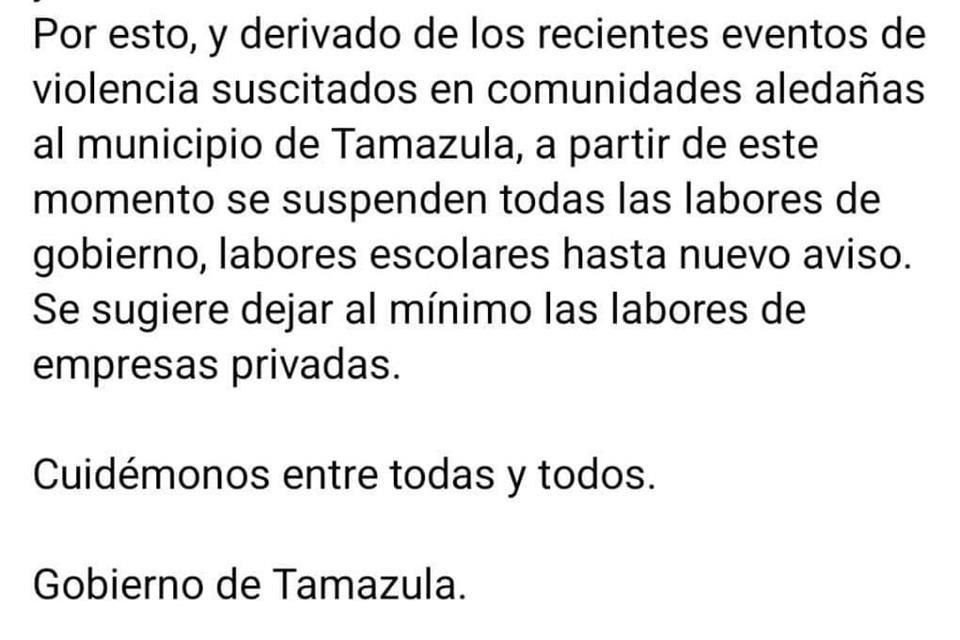 El Gobierno de Tamazula publicó este mensaje en sus redes, pero minutos después lo eliminó.