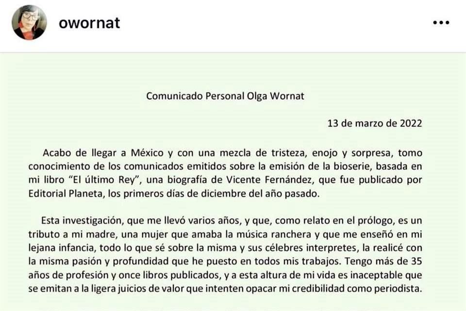Olga Wornat y su comunicado por bioserie de Vicente Fernández.