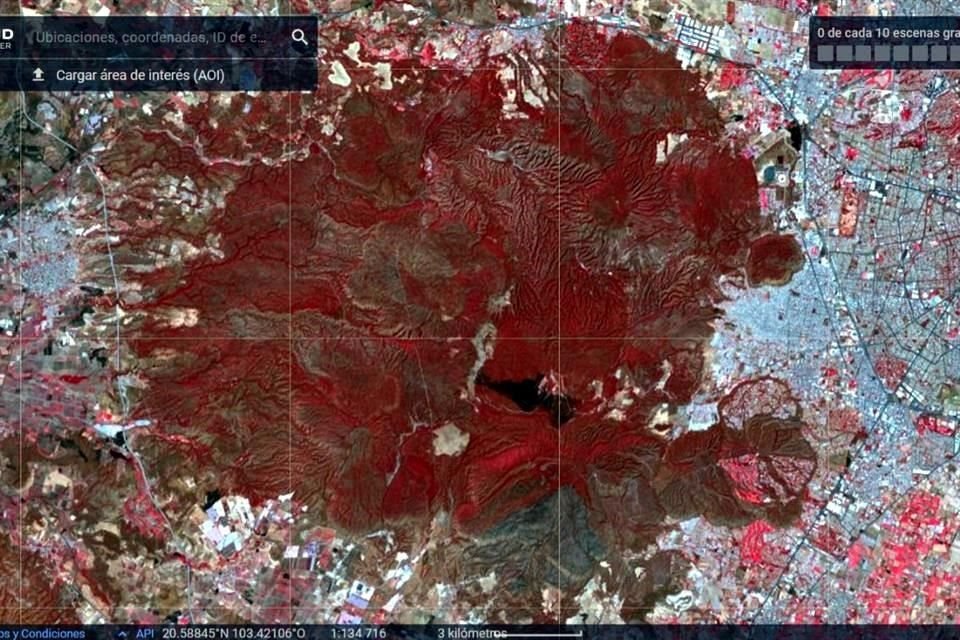 Imagen satelital del incendio en la zona de Milpillas, en el Bosque La Primavera, que dejó daños en cuando menos 226 hectáreas.
