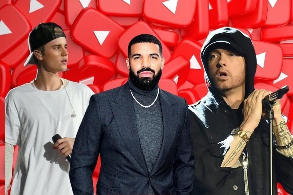 Los canales de YouTube de artistas como Justin Bieber (izq.), Harry Styles, Drake (centro) y Eminem (der.) fueron hackeados la madrugada de este martes.