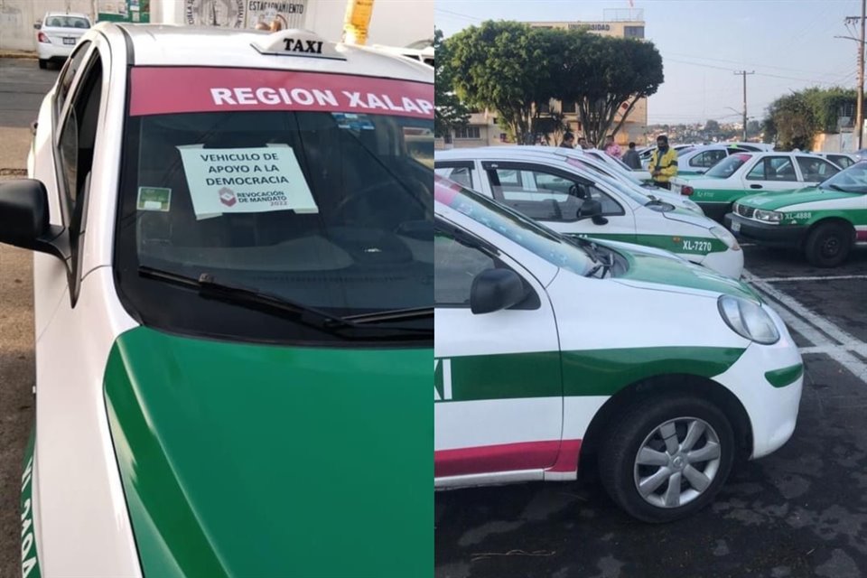 Taxis en Veracruz tienen en el parabrisas la leyenda: 'Vehículo de apoyo a la democracia. Revocación de mandato 2022'.