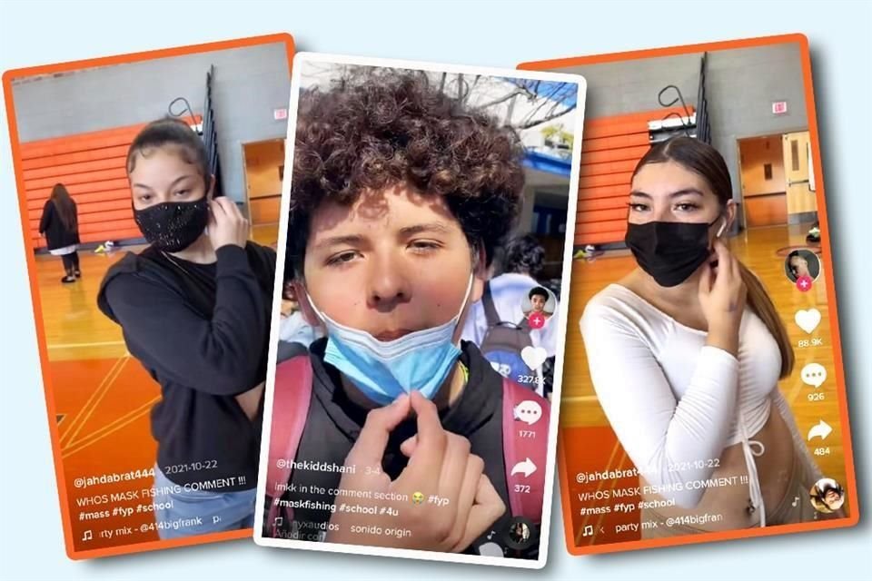 Existen miles de videos que circulan en TikTok bajo la etiqueta mask fishing, la mayoría protagonizados por adolescentes quienes muestran sus rostros con y sin cubrebocas a manera de reto.