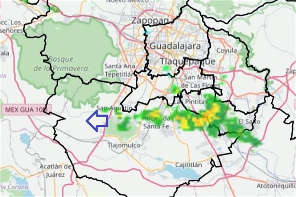 Ecos de lluvia detectados por Radar Doppler de la UdeG, en Tlajomulco y El Salto, la madrugada del 11 de mayo.