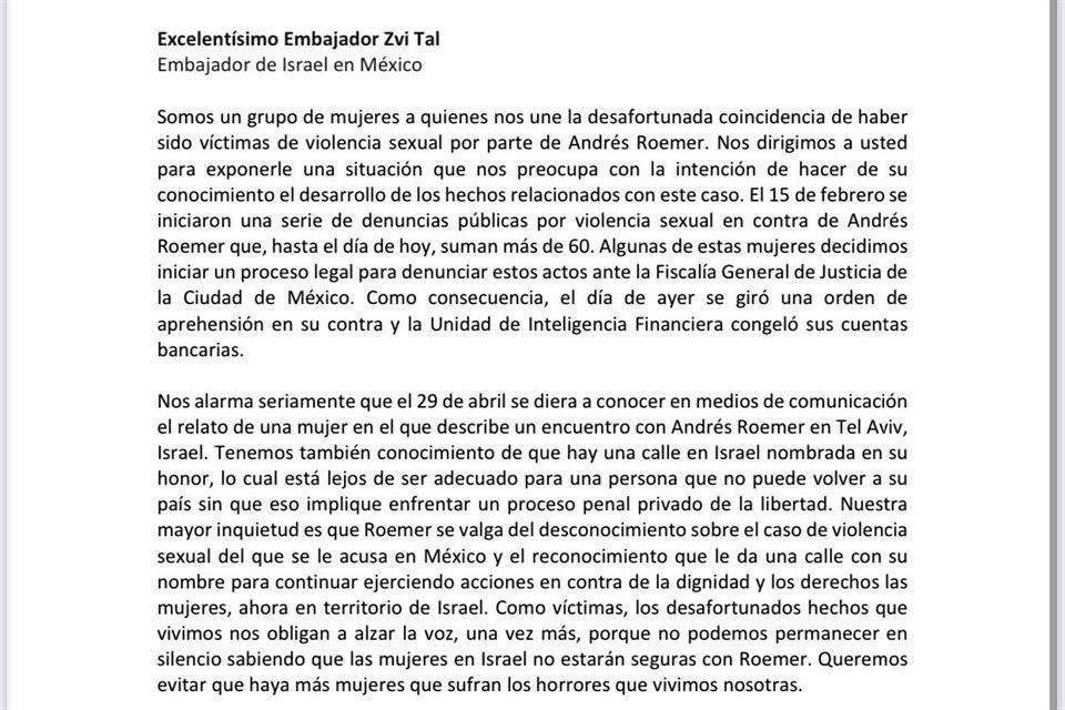 Este viernes, mujeres y colectivas feministas enviaron una carta al diplomático israelí tras la orden de aprehensión girada ayer por la FGJ de CDMX en contra de Roemer.