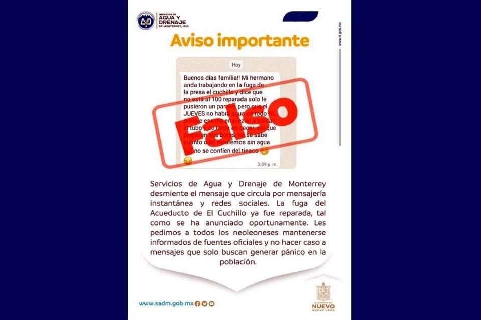 'La fuga del Acueducto El Cuchillo ya fue reparada, tal como se ha anunciado oportunamente.