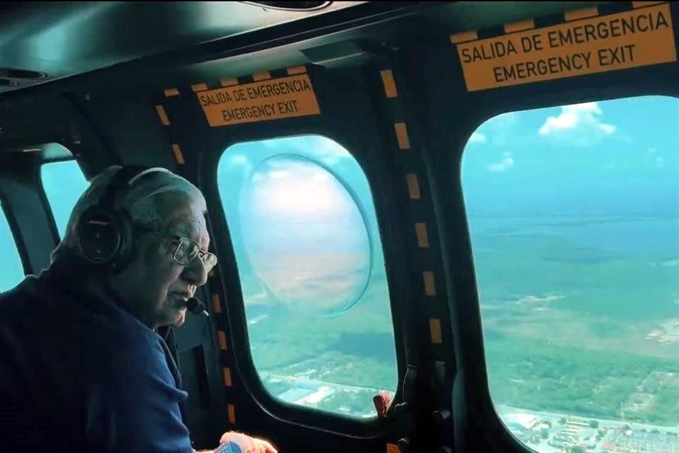 El presidente López Obrador recorrió este domingo, en helicóptero, el tramo Mérida-Cancún del Tren Maya.