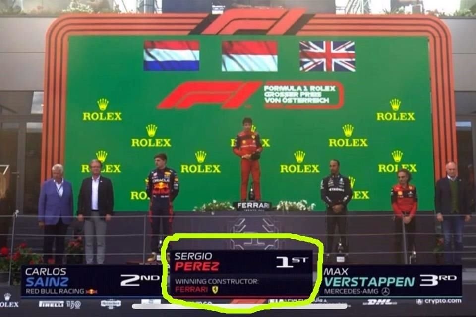 El nombre de Sergio Pérez apareció en la transmisión como si estuviese en lo más alto del podio.
