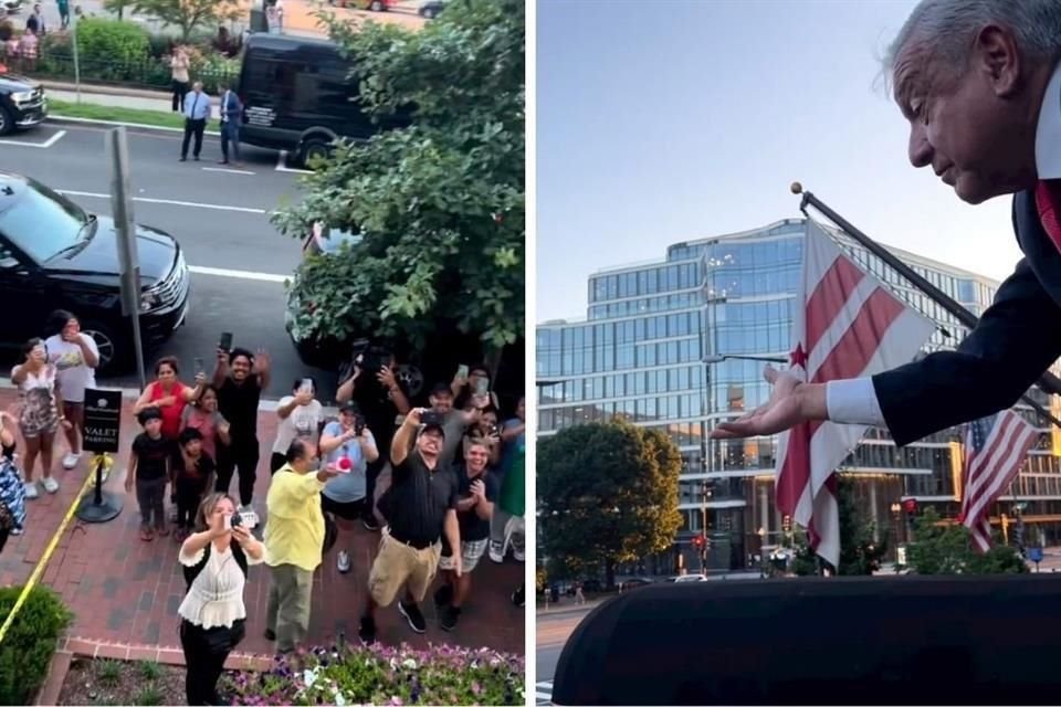 AMLO se asomó desde una de las ventanas del hotel donde se hospeda en Washington.