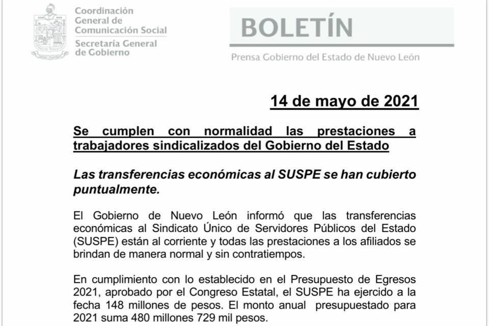 El monto acordado para todo el 2021, añade, es de 480 millones 729 mil pesos.