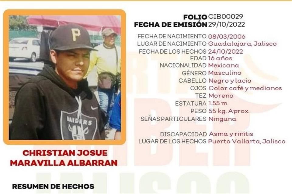 Ficha de Christian Josué Maravilla Albarrán, desaparecido en Puerto Vallarta el 24 de octubre, emitida por Alerta Amber Jalisco.