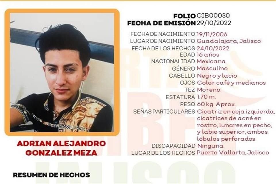 Ficha de Adrián Alejandro González Meza por parte de Alerta Amber Jalisco, luego de su desaparición en Puerto Vallarta el 24 de octubre.