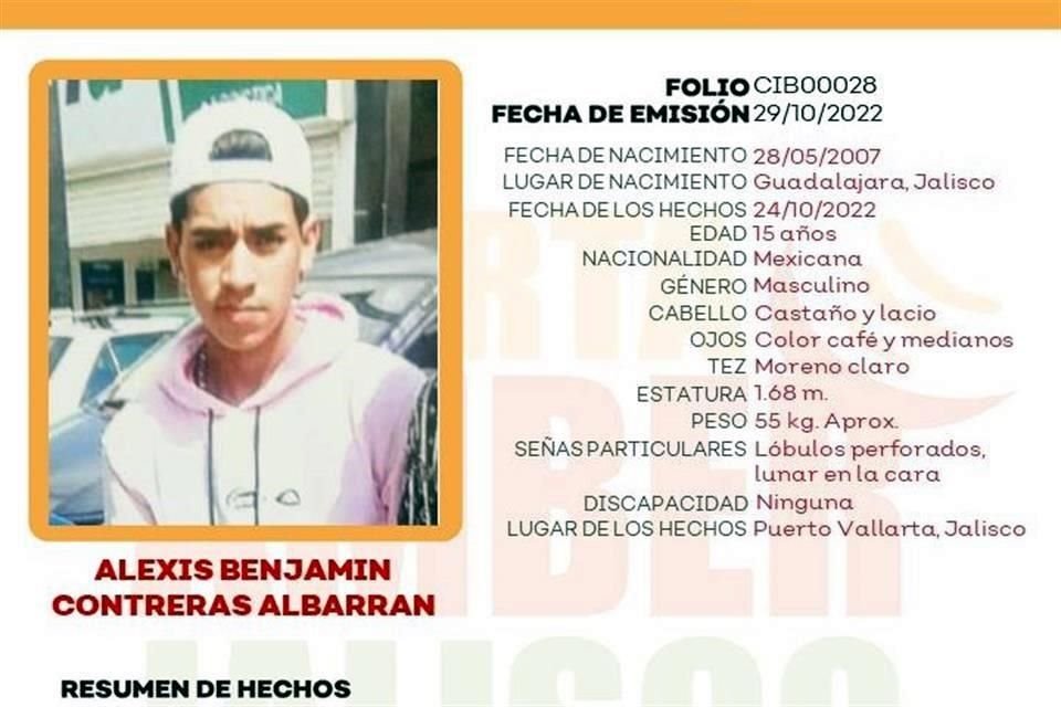 Esta noche, Alerta Amber Jalisco emitió la ficha de Alexis Benjamín Contreras Albarrán