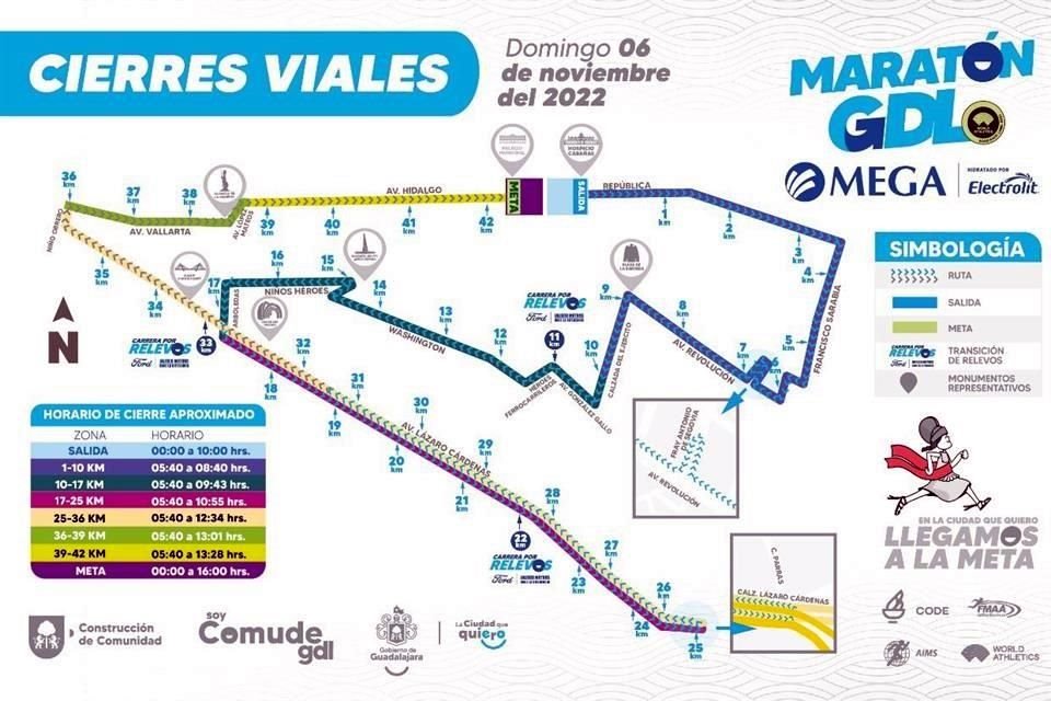 Mapa de cierres viales del Maratón GDL 2022.