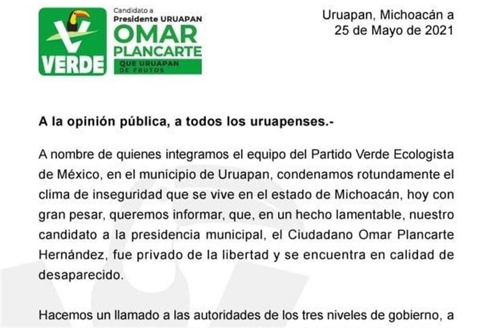En un comunicado, el equipo exigió a las autoridades establecer una investigación oportuna y eficaz para dar con el paradero del empresario aguacatero lo más pronto posible.