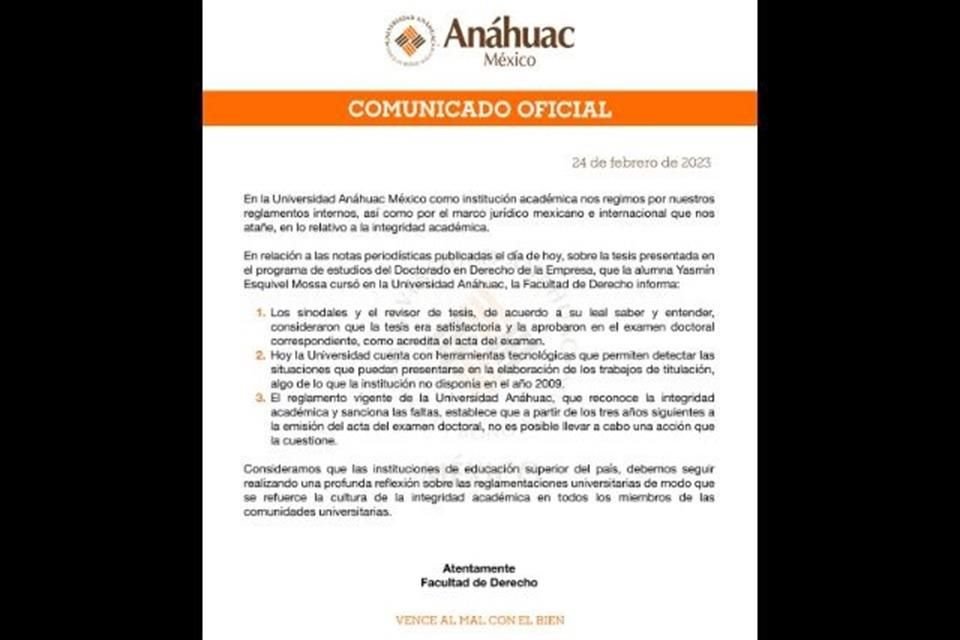 La Universidad Anáhuac informó que por reglamento no le es posible tomar acciones ante presunto plagio doctoral de la Ministra Yasmín Esquivel.