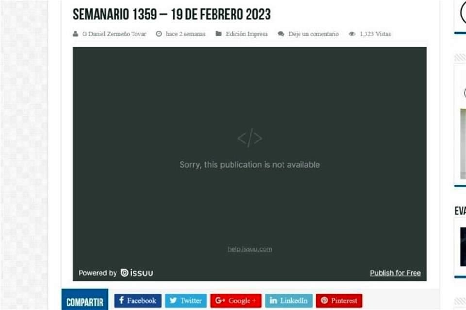 En la página se promueve el ejemplar en versión digital, sin embargo, al intentar abrirlo, se despliega una leyenda en la que se avisa que ya no está disponible.