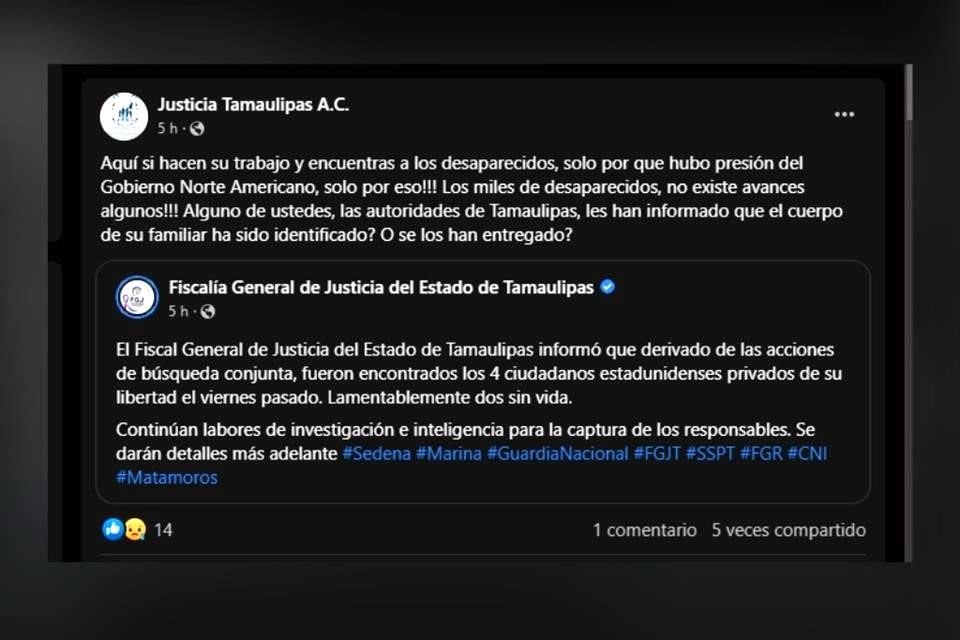 Justicia Tamaulipas es un organismo ciudadano no gubernamental dedicado a apoyar a familiares de víctimas de desaparición forzada o secuestro, que ha documentado más de 5 mil casos en la entidad.